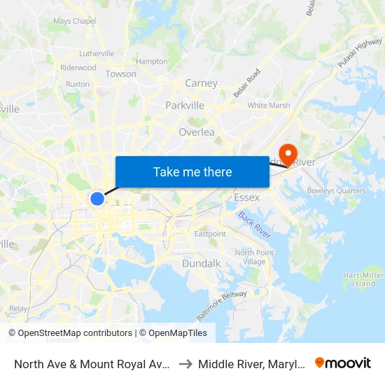 North Ave & Mount Royal Ave Eb to Middle River, Maryland map