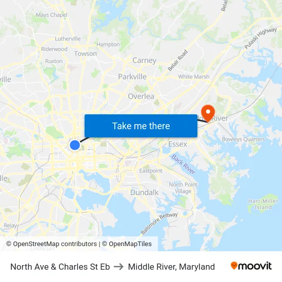 North Ave & Charles St Eb to Middle River, Maryland map