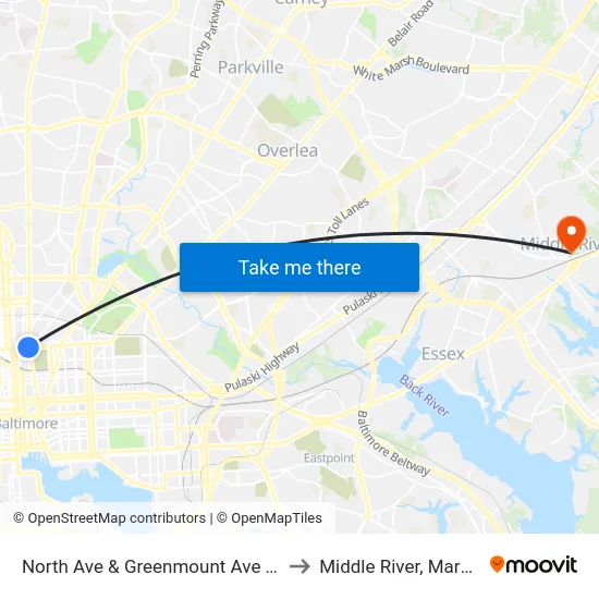 North Ave & Greenmount Ave FS Wb to Middle River, Maryland map