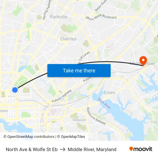 North Ave & Wolfe St Eb to Middle River, Maryland map