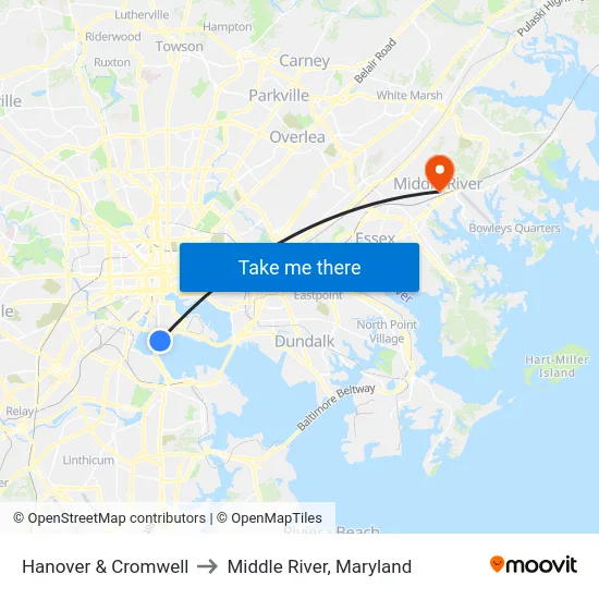 Hanover & Cromwell to Middle River, Maryland map