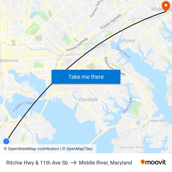 Ritchie Hwy & 11th Ave Sb to Middle River, Maryland map