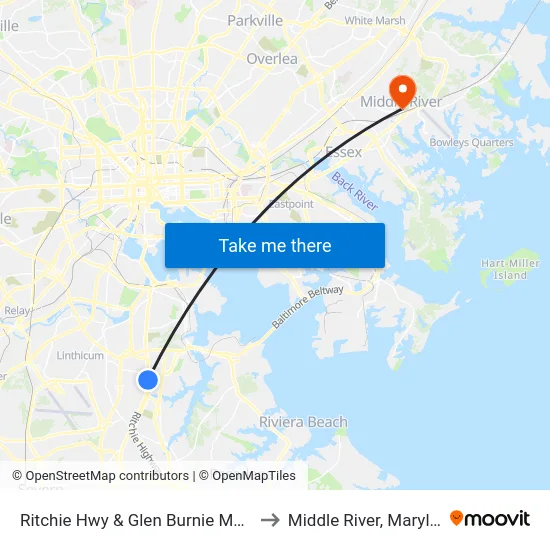 Ritchie Hwy & Glen Burnie Mall Nb to Middle River, Maryland map