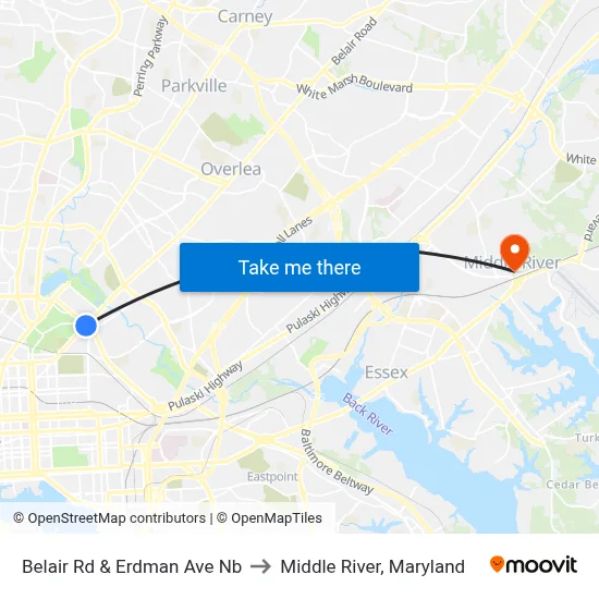 Belair Rd & Erdman Ave Nb to Middle River, Maryland map