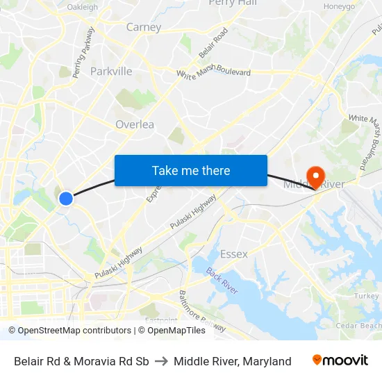 Belair Rd & Moravia Rd Sb to Middle River, Maryland map