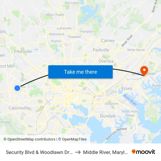 Security Blvd & Woodlawn Dr Wb to Middle River, Maryland map