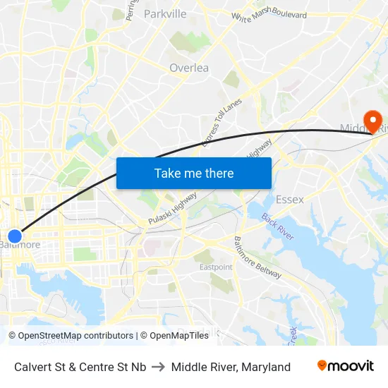 Calvert St & Centre St Nb to Middle River, Maryland map