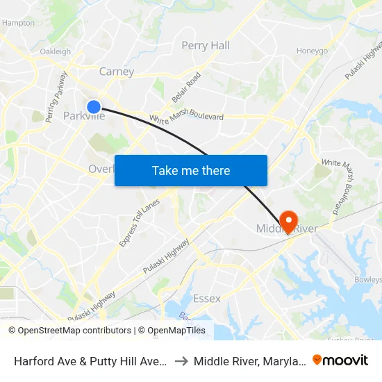Harford Ave & Putty Hill Ave Sb to Middle River, Maryland map