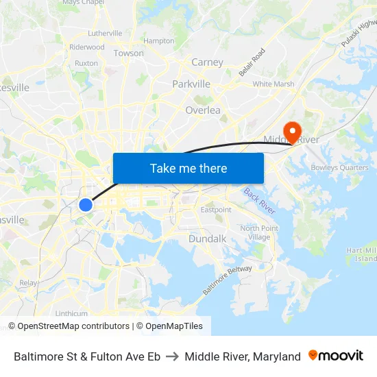 Baltimore St & Fulton Ave Eb to Middle River, Maryland map