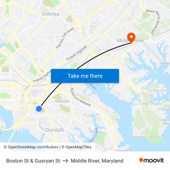 Boston St & Gusryan St to Middle River, Maryland map