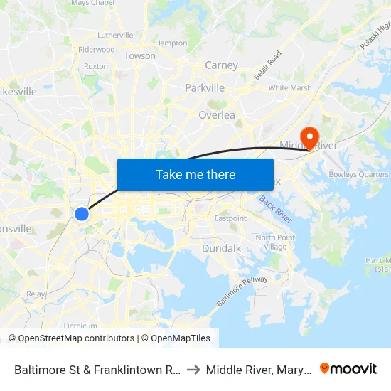 Baltimore St & Franklintown Rd Wb to Middle River, Maryland map