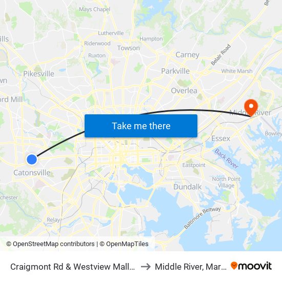 Craigmont Rd & Westview Mall Opp Wb to Middle River, Maryland map