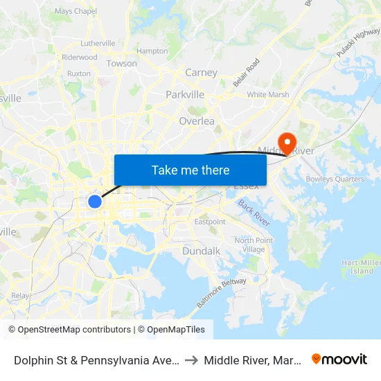 Dolphin St & Pennsylvania Ave FS Eb to Middle River, Maryland map