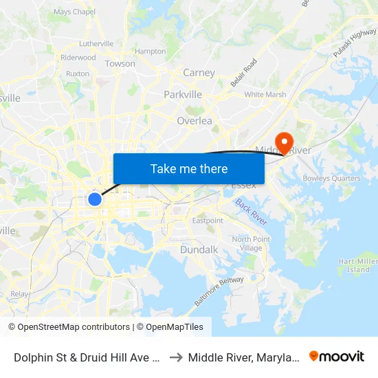 Dolphin St & Druid Hill Ave Eb to Middle River, Maryland map