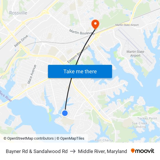 Bayner Rd & Sandalwood Rd to Middle River, Maryland map