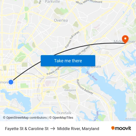 Fayette St & Caroline St to Middle River, Maryland map