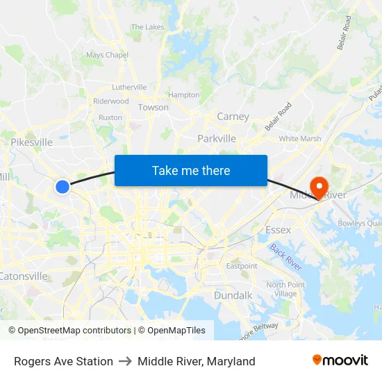 Rogers Ave Station to Middle River, Maryland map