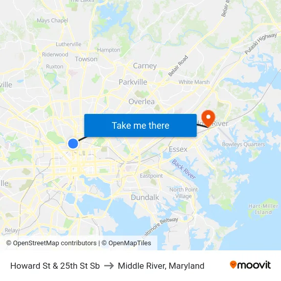 Howard St & 25th St Sb to Middle River, Maryland map