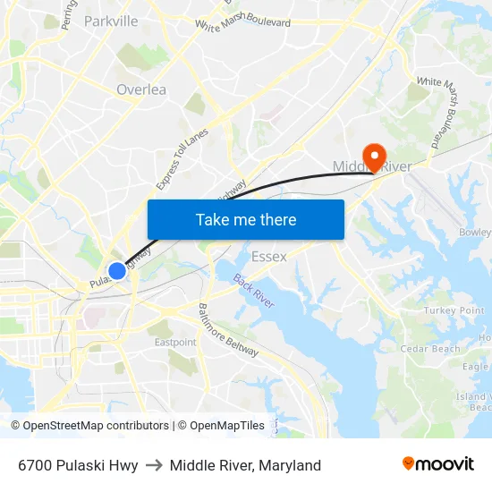 6700 Pulaski Hwy to Middle River, Maryland map