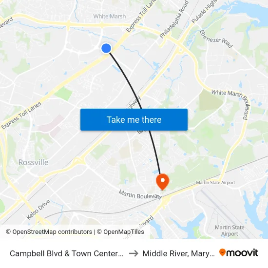 Campbell Blvd & Town Center Dr Nb to Middle River, Maryland map