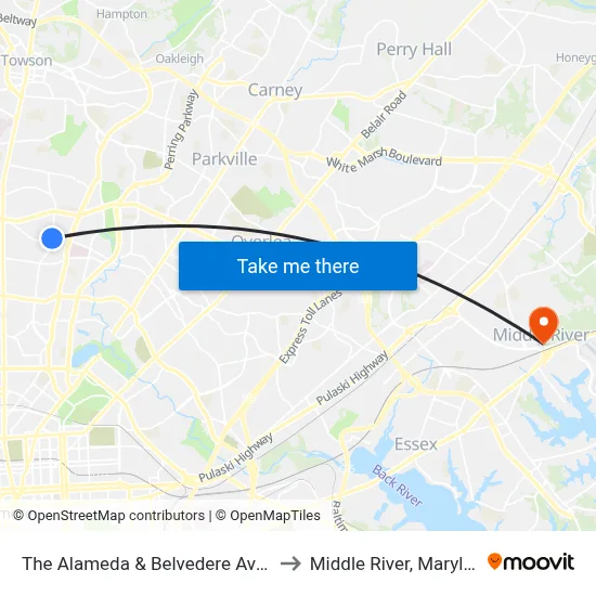 The Alameda & Belvedere Ave Nb to Middle River, Maryland map