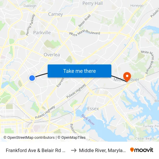 Frankford Ave & Belair Rd Wb to Middle River, Maryland map