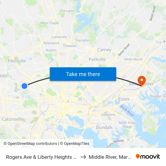 Rogers Ave & Liberty Heights Ave Sb to Middle River, Maryland map