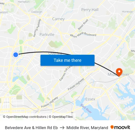 Belvedere Ave & Hillen Rd Eb to Middle River, Maryland map