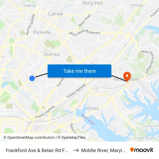 Frankford Ave & Belair Rd FS Eb to Middle River, Maryland map
