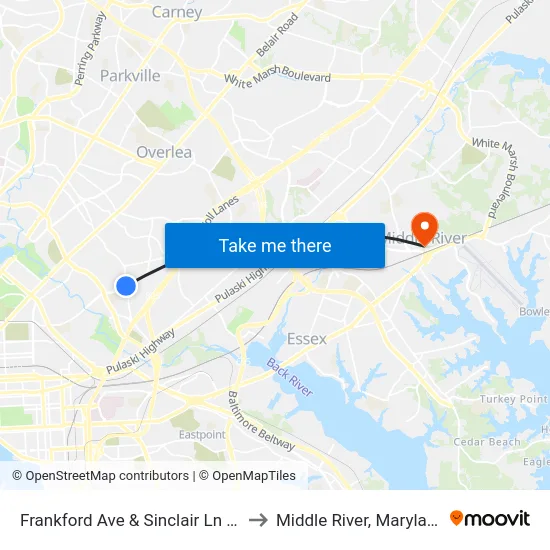 Frankford Ave & Sinclair Ln Sb to Middle River, Maryland map