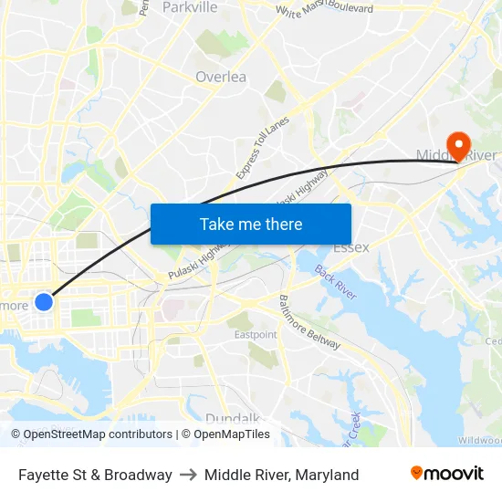Fayette St & Broadway to Middle River, Maryland map