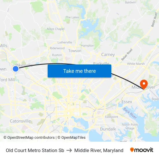 Old Court Metro Station Sb to Middle River, Maryland map