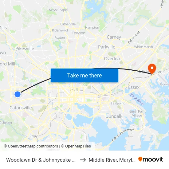 Woodlawn Dr & Johnnycake Rd Sb to Middle River, Maryland map