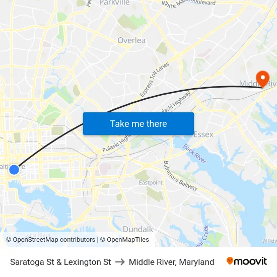 Saratoga St & Lexington St to Middle River, Maryland map