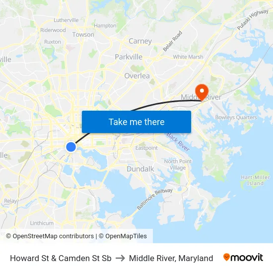 Howard St & Camden St Sb to Middle River, Maryland map