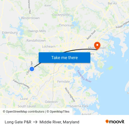 Long Gate P&R to Middle River, Maryland map