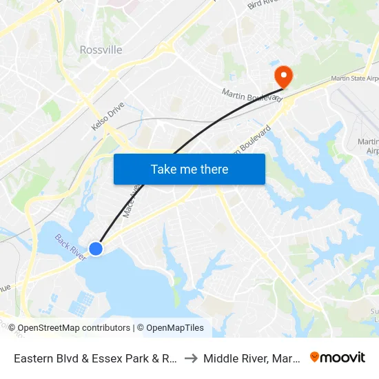 Eastern Blvd & Essex Park & Ride Wb to Middle River, Maryland map