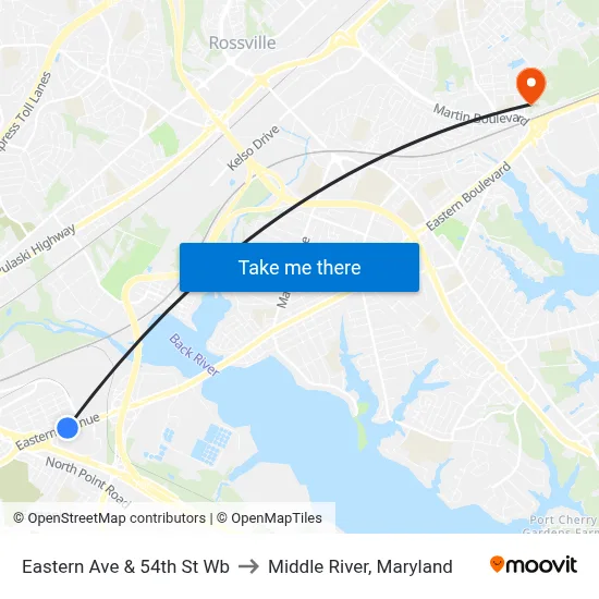 Eastern Ave & 54th St Wb to Middle River, Maryland map