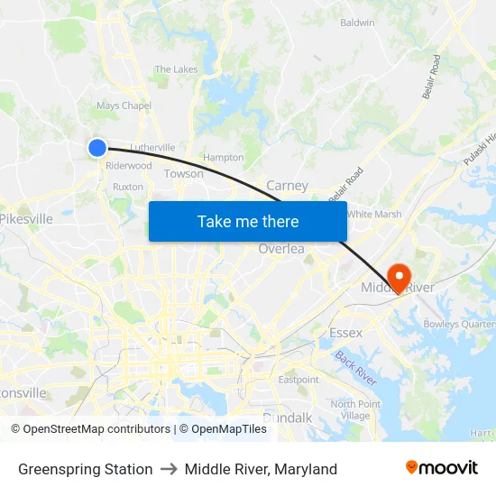 Greenspring Station to Middle River, Maryland map