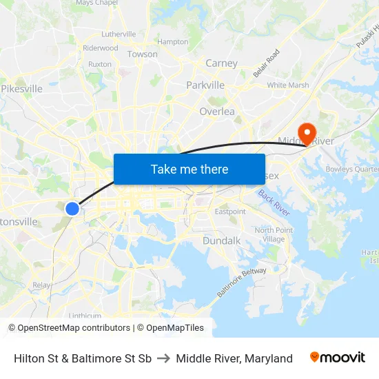 Hilton St & Baltimore St Sb to Middle River, Maryland map