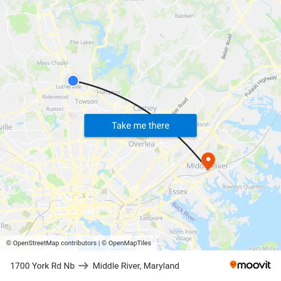 1700 York Rd Nb to Middle River, Maryland map