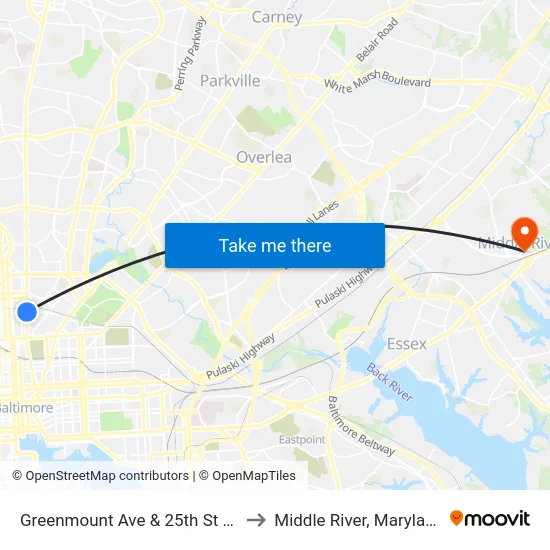 Greenmount Ave & 25th St Sb to Middle River, Maryland map