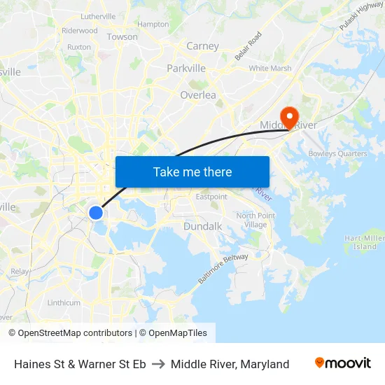 Haines St & Warner St Eb to Middle River, Maryland map