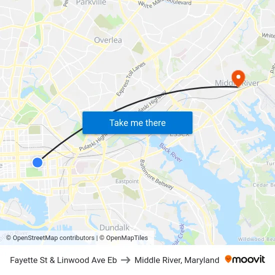 Fayette St & Linwood Ave Eb to Middle River, Maryland map