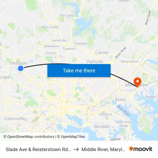 Slade Ave & Reisterstown Rd Wb to Middle River, Maryland map