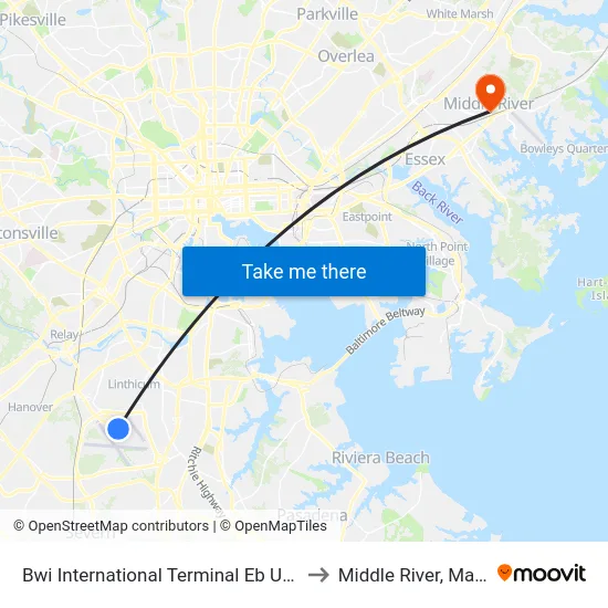 Bwi International Terminal Eb Upper Level to Middle River, Maryland map