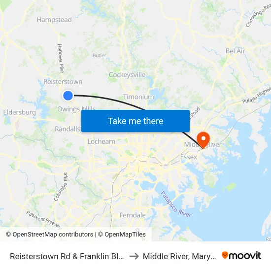 Reisterstown Rd & Franklin Blvd Sb to Middle River, Maryland map