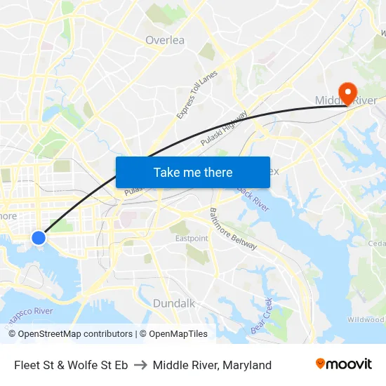 Fleet St & Wolfe St Eb to Middle River, Maryland map