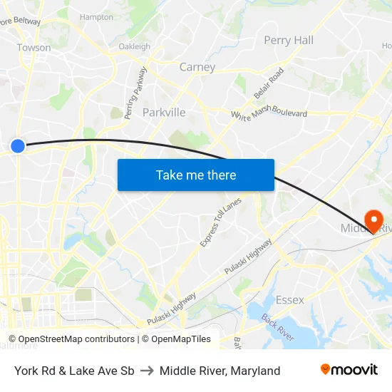 York Rd & Lake Ave Sb to Middle River, Maryland map