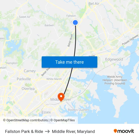 Fallston Park & Ride to Middle River, Maryland map